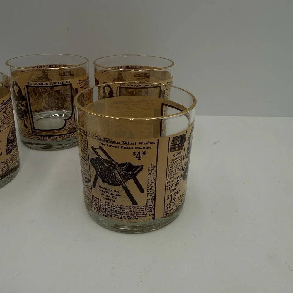 4-Vintage 1972 Montgomery Ward Golden Jubilee‎ Whiskey Rocks Glasses Gold Rim